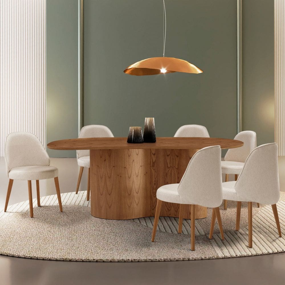 Mesa de Jantar 180cm X 80cm Madeira Tampo Laminado Orgânico com 6 Cadeiras Ester Off White / Imbuia Natural