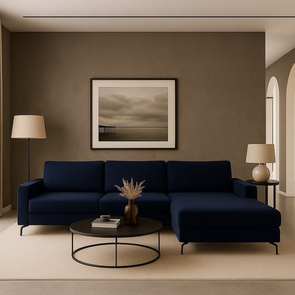 Sofá 3 Lugares com Chaise Direito Loft Azul Marinho