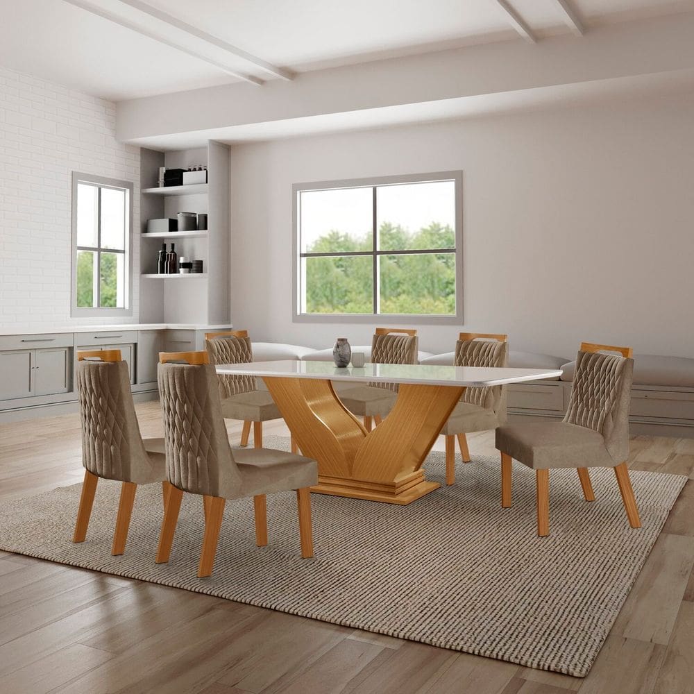 Conjunto Sala de Jantar Mesa com Tampo de Vidro 6 Cadeiras Atena Castanho Cinamomo/Pena Caramelo/Off White