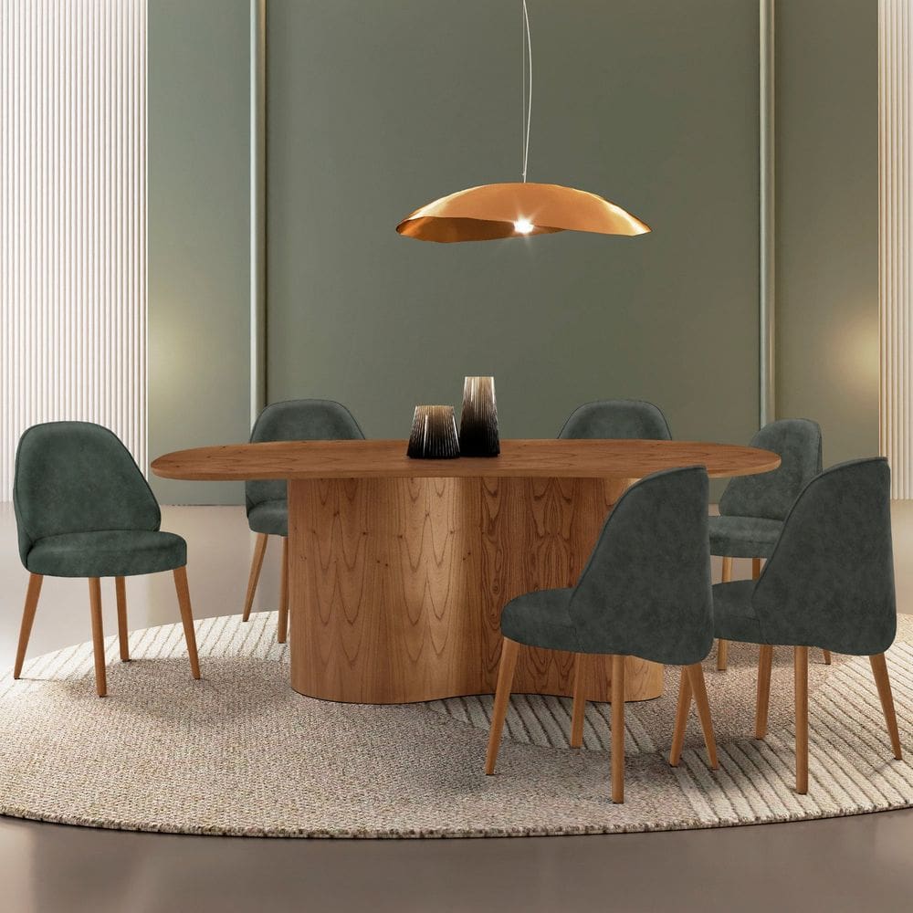 Mesa de Jantar 180cm X 80cm Madeira Tampo Laminado Orgânico com 6 Cadeiras Ester Jade / Imbuia Natural
