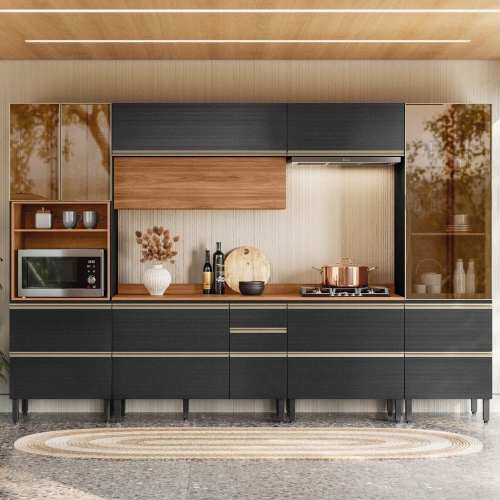 Cozinha Completa 330cm X 218,5cm Aéreo Mdf Pnl e Crt 6 Peças Proença Nogueira/Carbono Prime