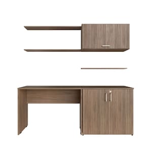 Escrivaninha com Armário Baixo e Aéreo com Chave 200cm X 75cm Modular Kitcubos Carvalho Mel