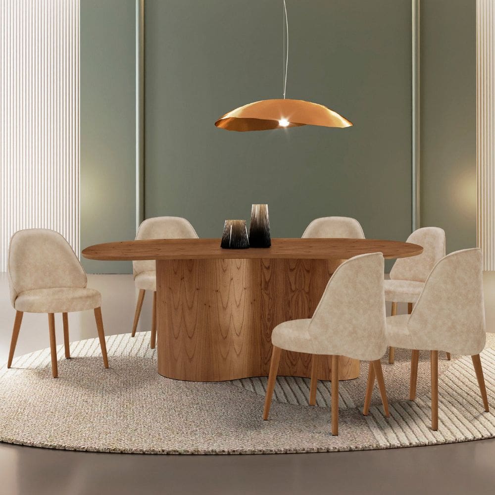 Mesa de Jantar 180cm X 80cm Madeira Tampo Laminado Orgânico com 6 Cadeiras Ester Milano / Imbuia Natural