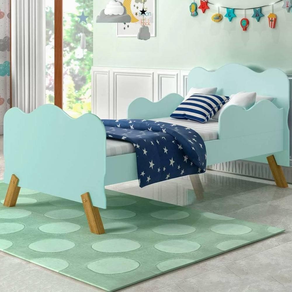Cama Juvenil Infantil com Pés em Madeira e Barras Onduladas Cambel Angel Menta