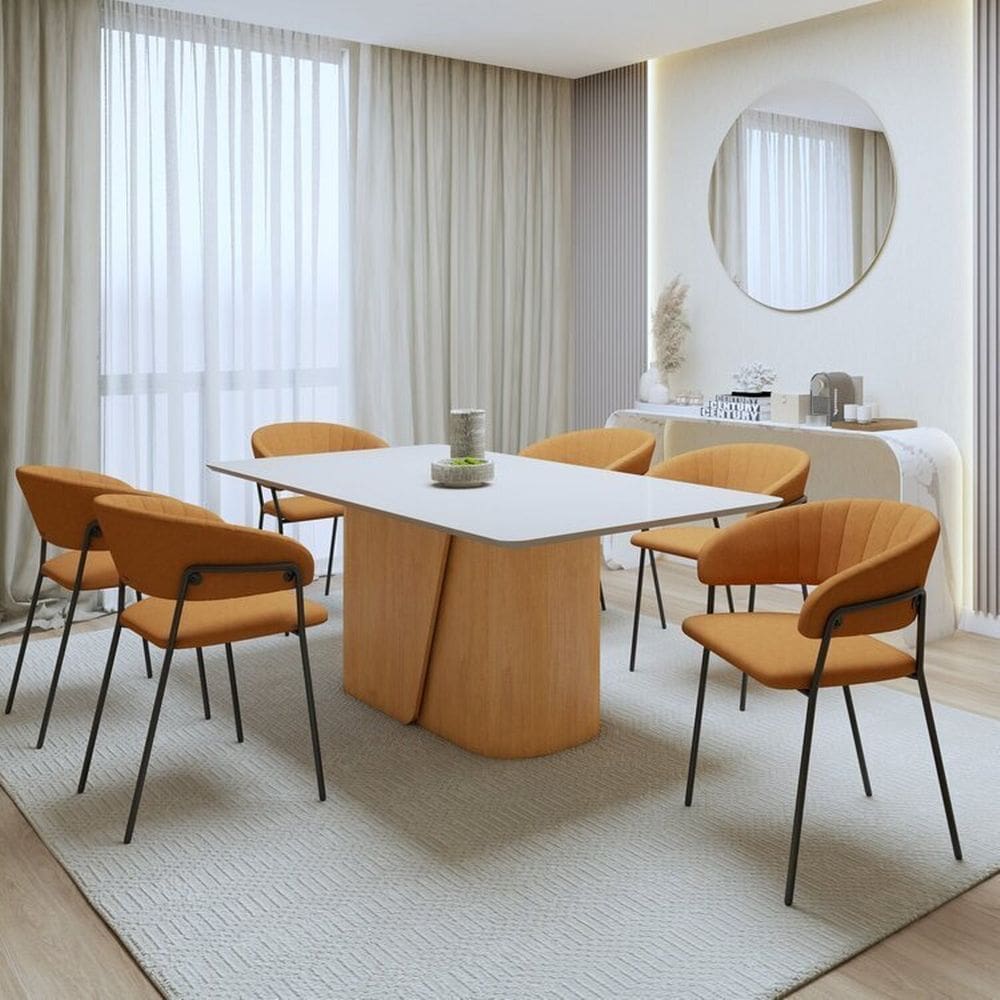 Conjunto Sala de Jantar com Mesa com Tampo Mdf Luar e 6 Cadeiras Estofadas Espresso Móveis Amêndoa/Caramelo