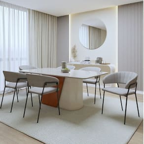 Conjunto Sala de Jantar com Mesa com Tampo de Vidro Luar e 6 Cadeiras Estofadas Espresso Móveis Frassino Off White/ Cinza