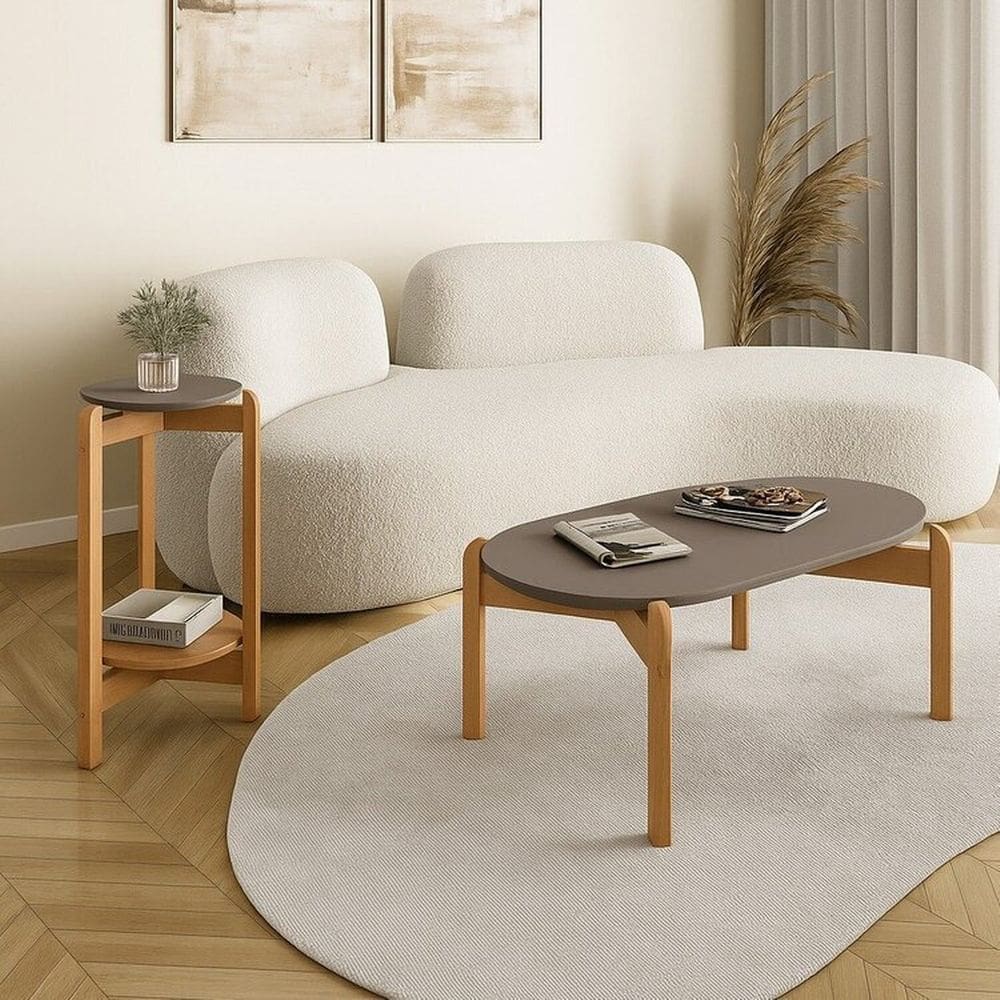 Kit 2 Peças com Mesa de Centro e Mesa Lateral Lizz Cinza Perola/Cedro