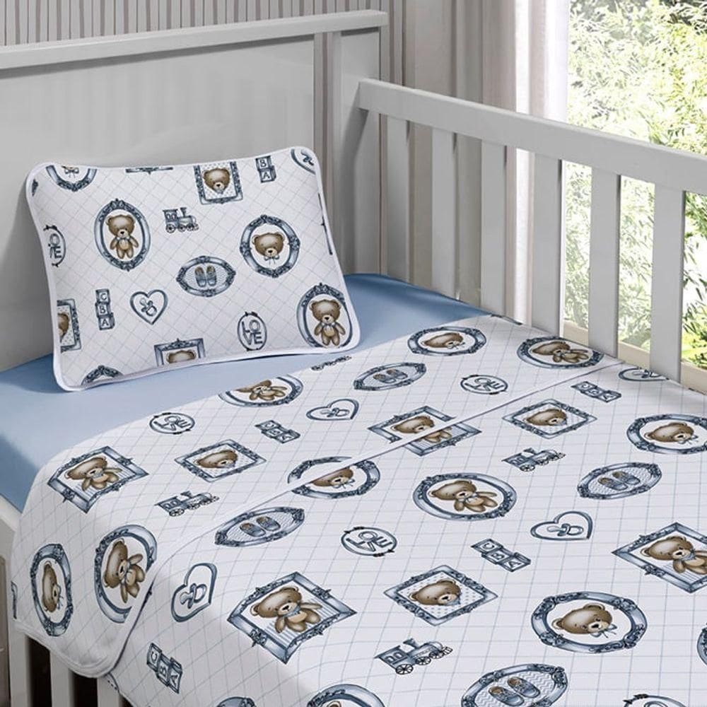 Jogo De Cama Tecebem Baby Malha 100% Algodao Estampado Guilherme 3 Peças Azul