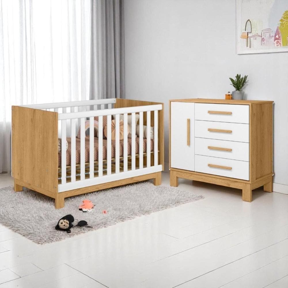 Conjunto Infantil Slim Freijo Toq/branco Acetinado: Berço Slim Mini Cama + Cômoda Slim