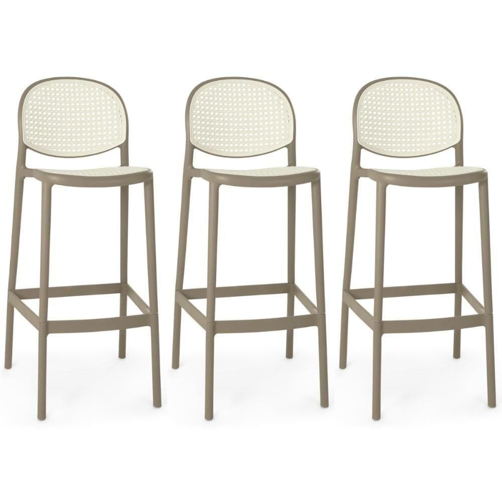 Kit 3 Banqueta Alta Com Encosto Roma Em Polipropileno Cozinha/bancada - Branco/cinza Escuro