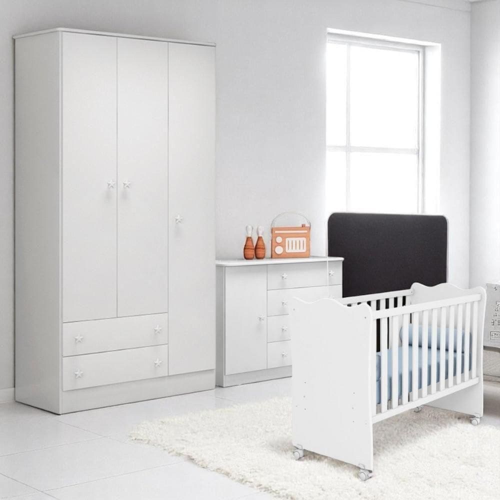 Berço Doce Sonho Branco + Kit Rodízio + Cômoda Sapateira 4g + Guarda-roupa 3p/2g Doce Sonho