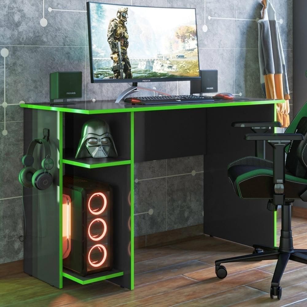 Mesa P/ Escritório E Gamer Preto Fosco/verde (