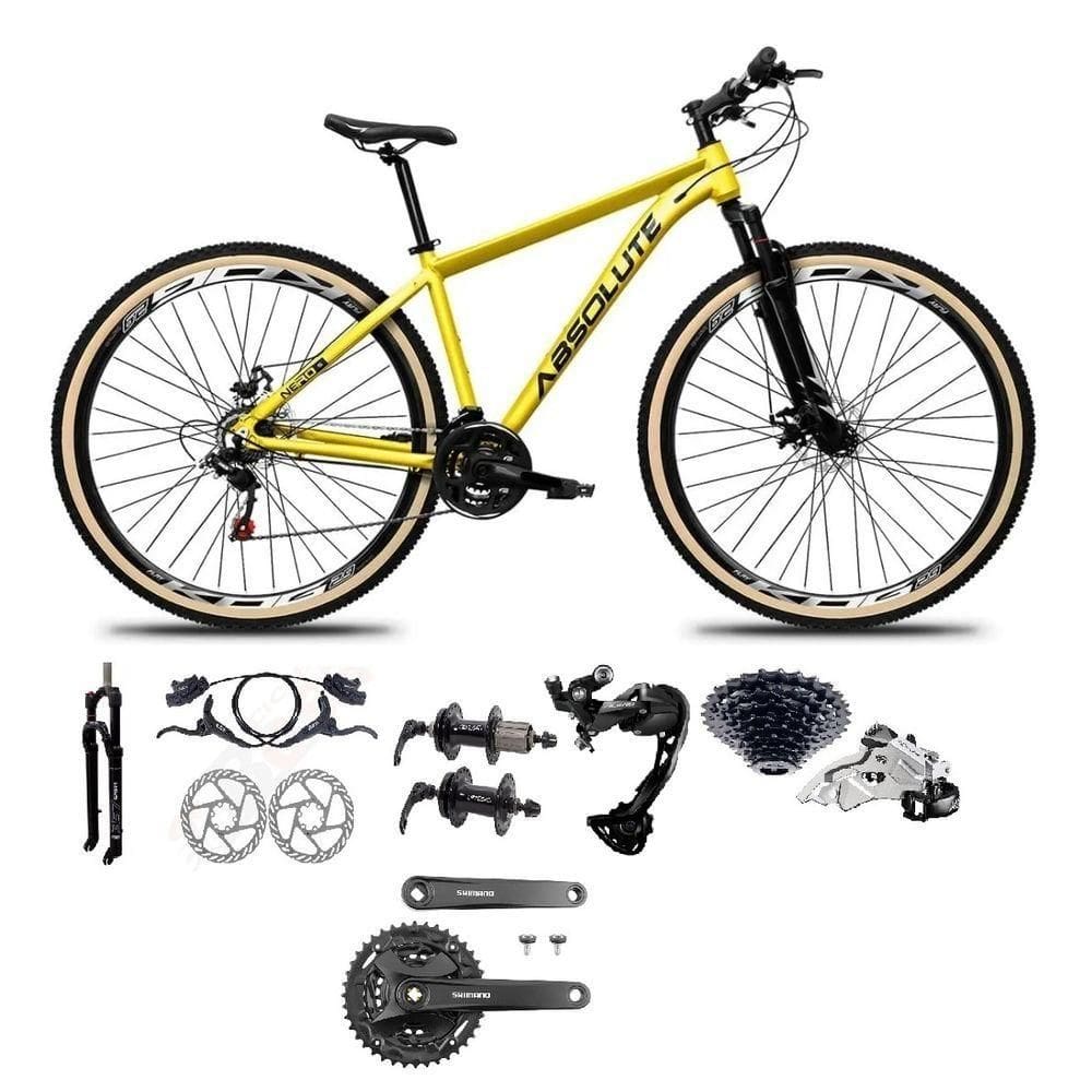 Bicicleta Aro 29 Absolute Nero 5 Câmbios Shimano Alívio/altus 27v Freio A Oléo Garfo Trava Pneu C/faixa -amarelo Tam.21
