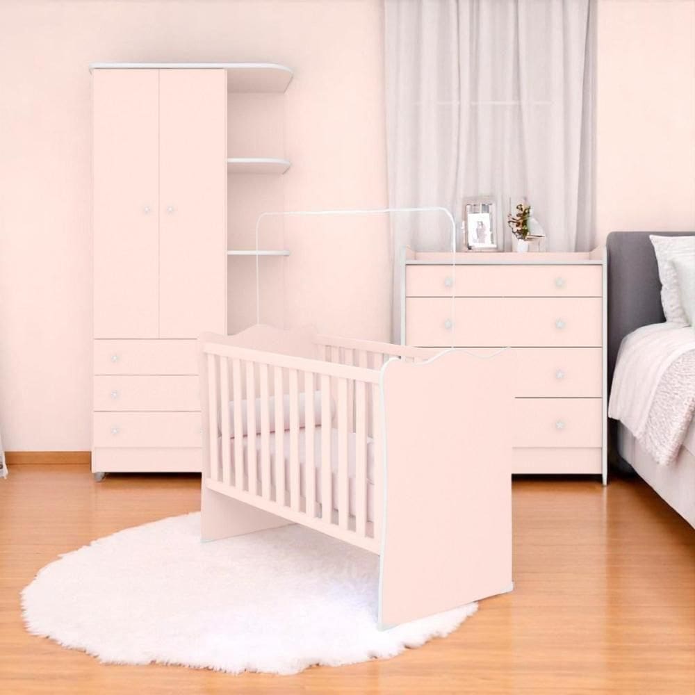 Conjunto Infantil Doce Sonho Rosa Acetinado: Berço Doce Sonho + Cômoda Doce Sonho + Guarda-roupa Doce Sonho
