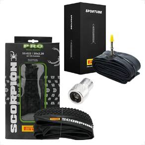 Pneu Pirelli Scorpion Aro 29 x 2.20 Kevlar Sem arame Cravudo Mtb + Camara Pirelli Bico fino + Adaptador valvula
