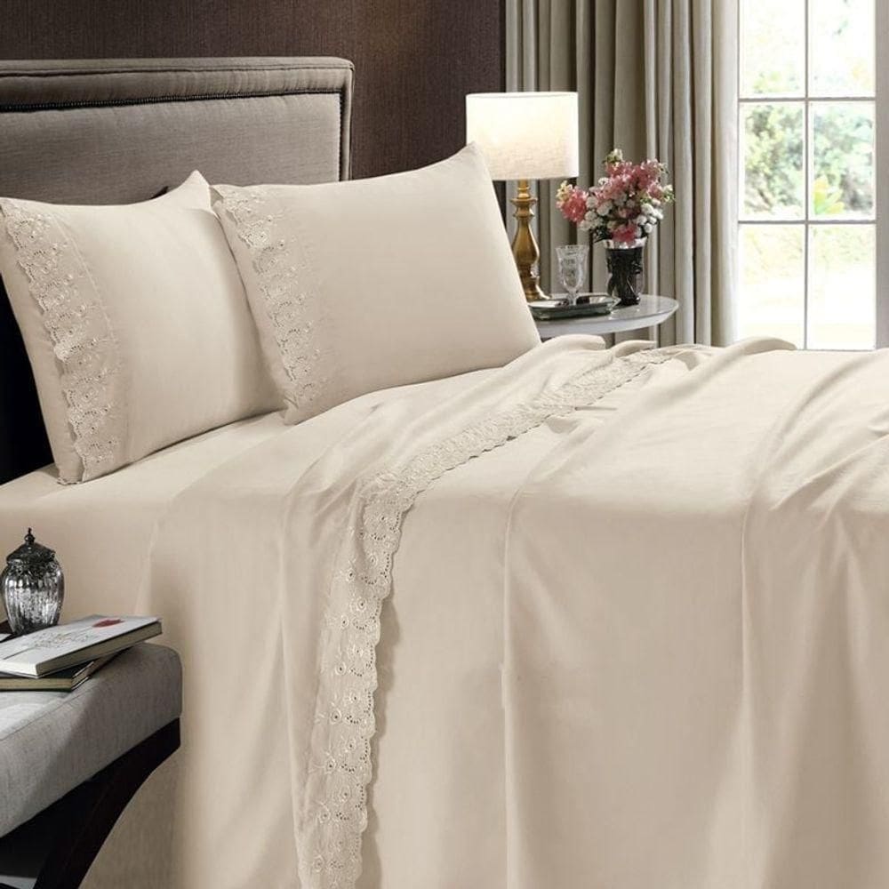 Jogo De Cama Buettner Casal 4 Pçs Microfibra C/ Aplicação De Renda Sonata Pérola