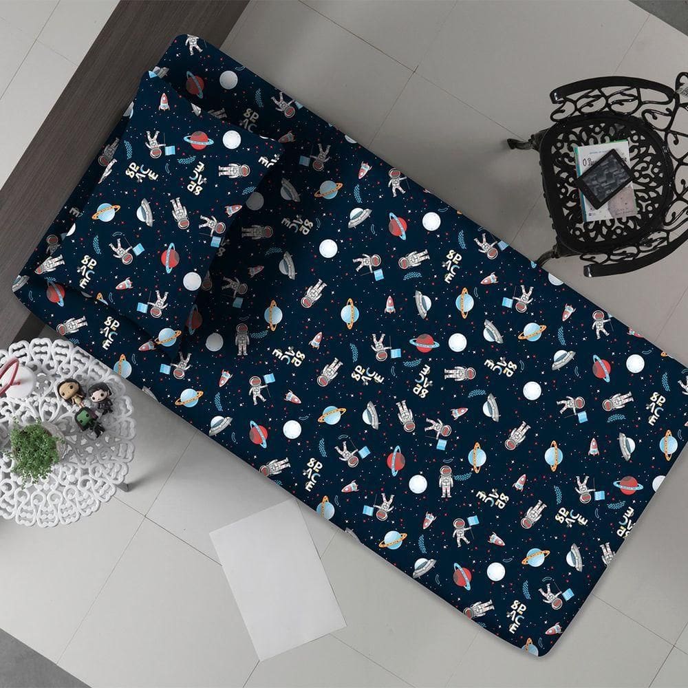 Jogo De Cama Portallar Solteiro Malha Mista 65% Algodão E 35% Poliéster Estampado Planetas Space 2 Pçs Azul