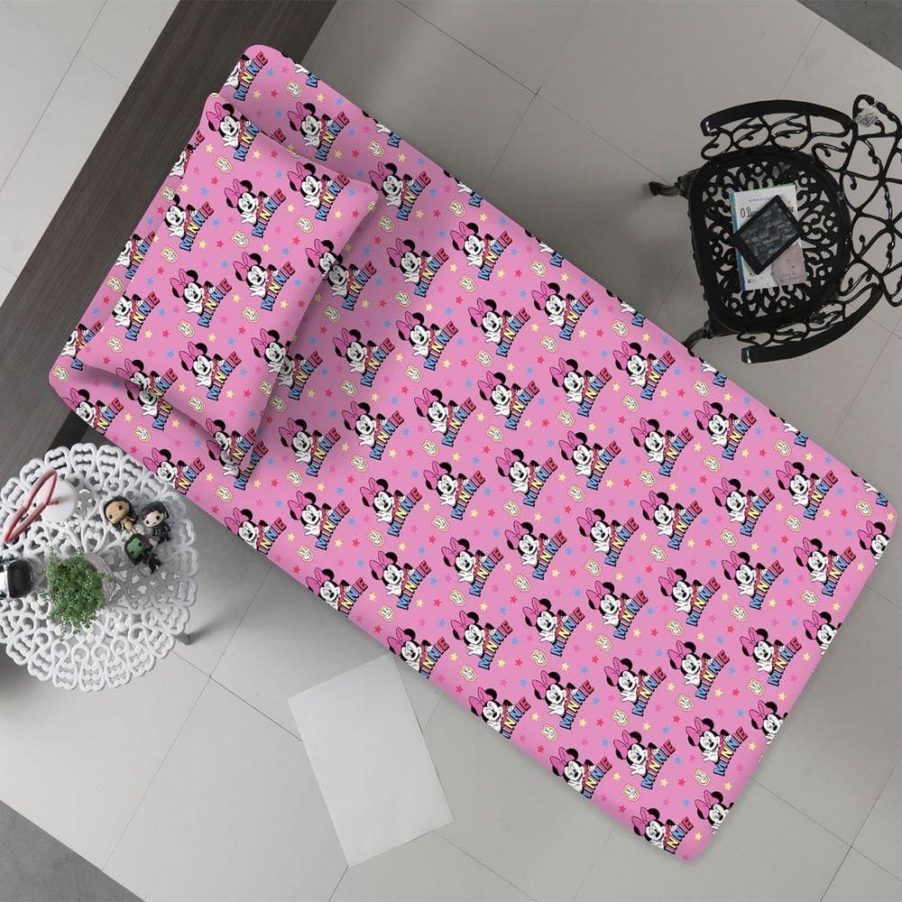 Jogo De Cama Portallar Solteiro Malha Mista 65% Algodão E 35% Poliéster Estampado Disney Minnie Estrela 2 Pçs Rosa