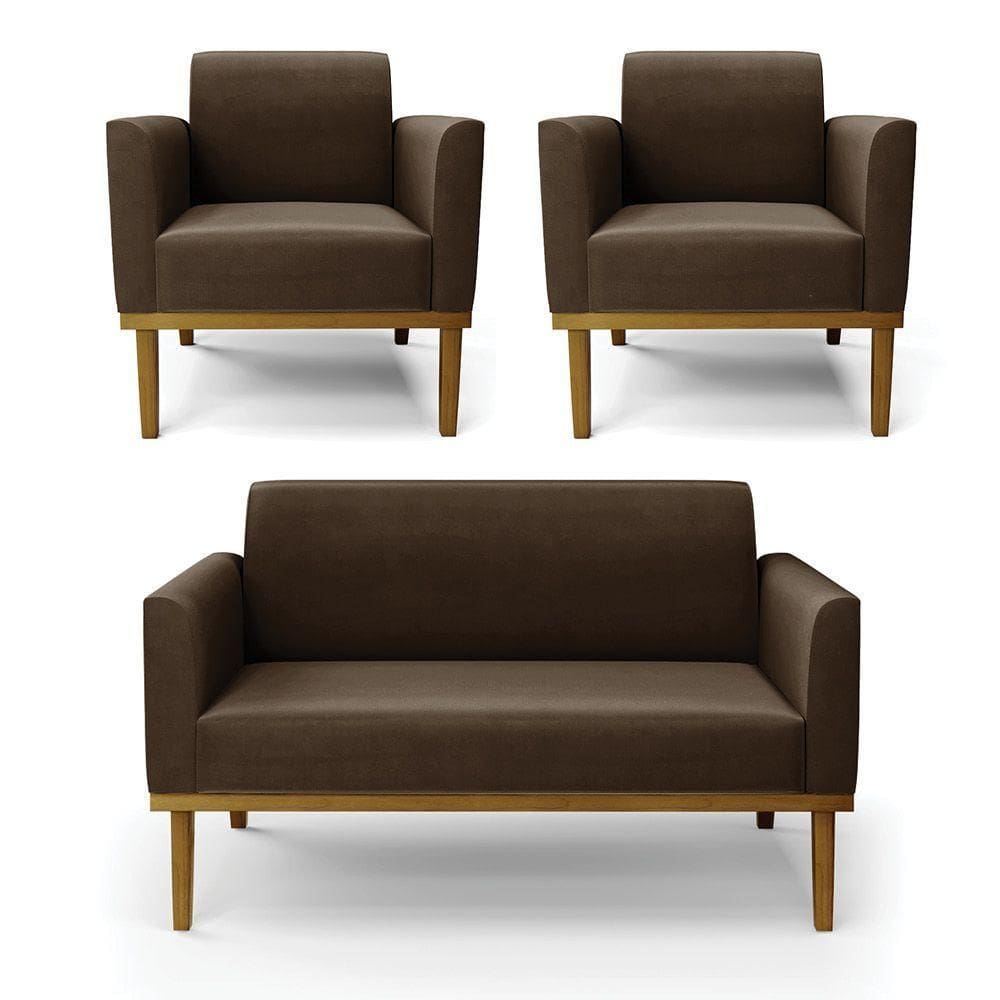Sofá Namoradeira Com 2 Poltronas Base De Madeira Fixa Castanho Marisa Suede D03 - D?rossi Cor Marrom