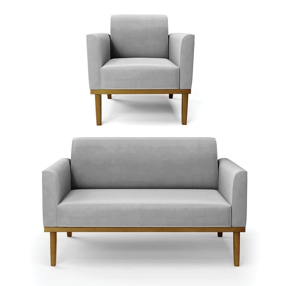 Sofá Namoradeira Com Poltrona Base De Madeira Fixa Castanho Marisa Suede Cinza D03 - D?rossi