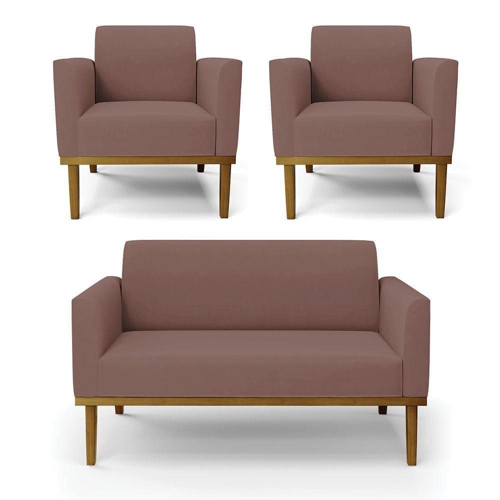 Sofá Namoradeira Com 2 Poltronas Base De Madeira Fixa Castanho Marisa Veludo D03 - D?rossi Cor Rose