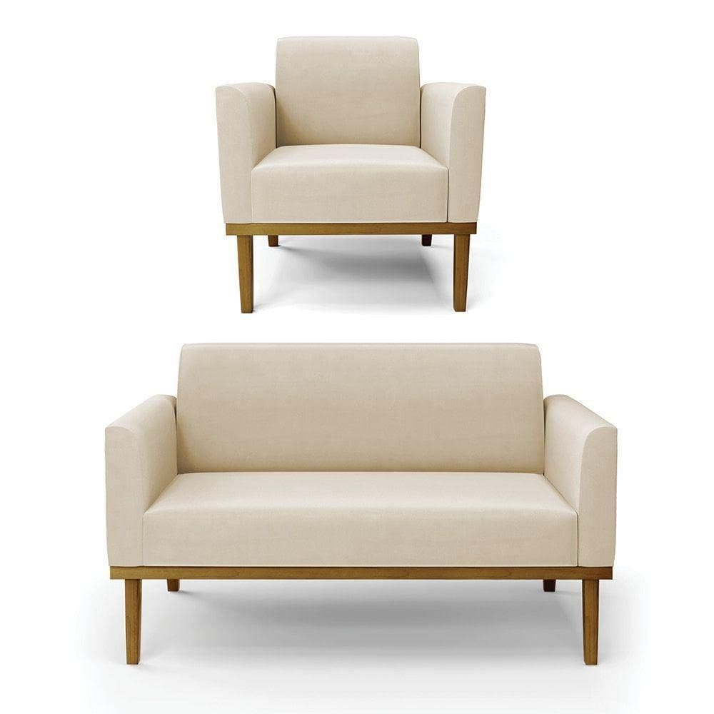 Sofá Namoradeira Com Poltrona Base De Madeira Fixa Castanho Marisa Suede Bege D03 - D?rossi