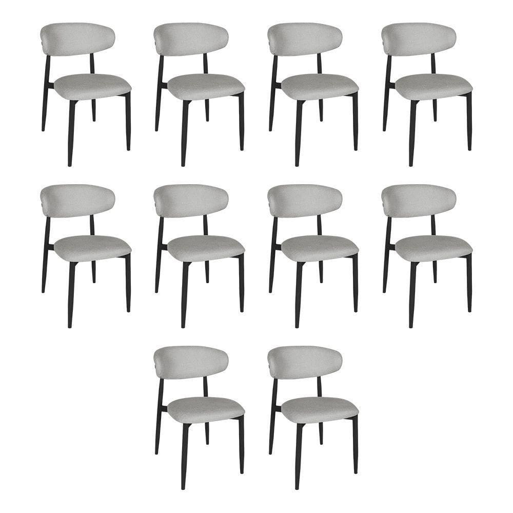 Kit 10 Cadeiras De Jantar Lucy Estrutura Aço Carbono Laminado Preto Com Estofado Linho Cinza