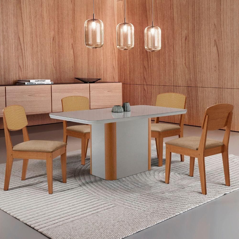 Mesa De Jantar Isadora 120cm Tampo Mdf Vidro Com 4 Cadeiras Turim 07/off//serig. Off