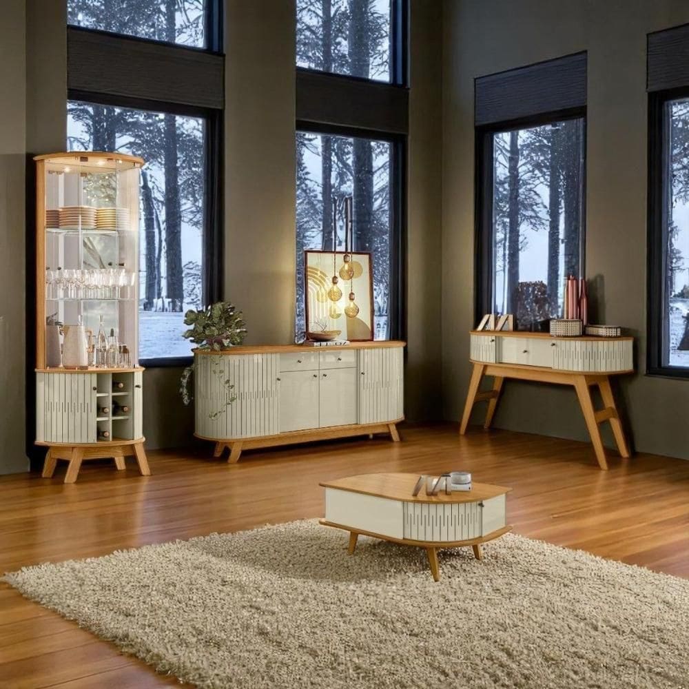 Conjunto Turim C/ Buffet Verona C/ Cristaleira Nina C/ Mesa De Centro Cumaru/opala