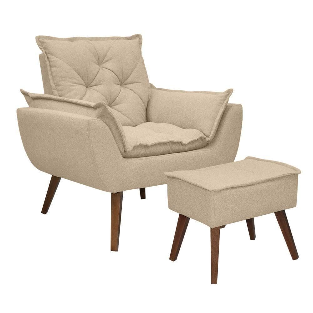 Kit Poltrona E Puff Opala Conforto Pé Trapézio Tecido Boucle Areia