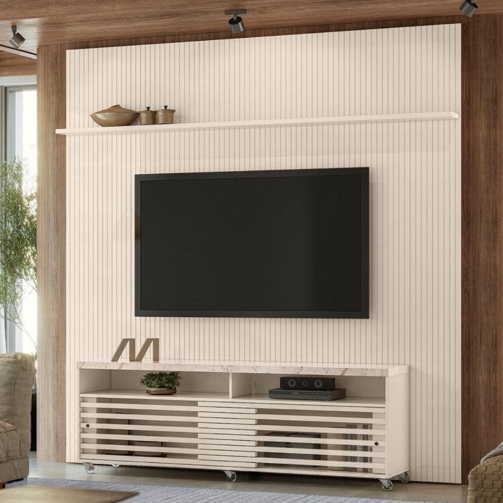 Conjunto Domo New Prestige Painel C/ Rack E Rodízios Calacata/off-white