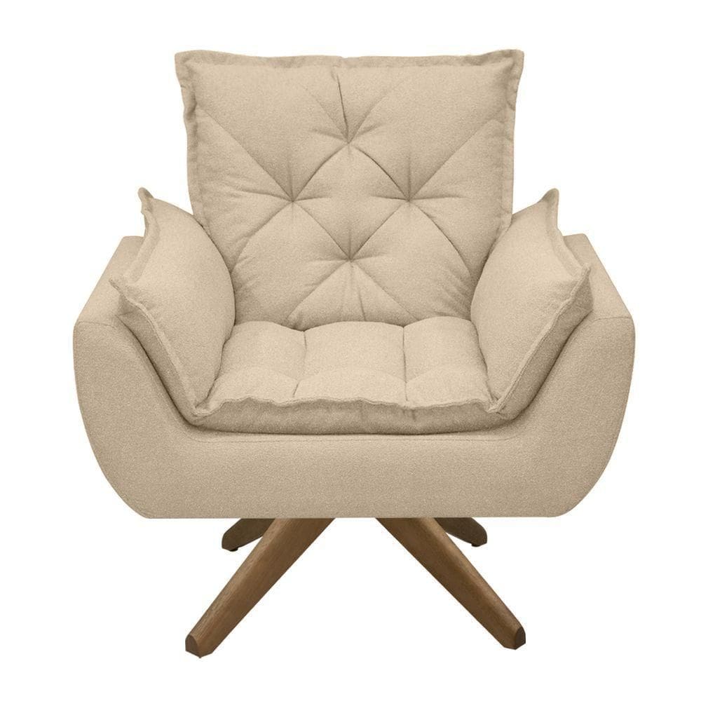Poltrona Opala Conforto Base Giratória Madeira Tecido Boucle Areia