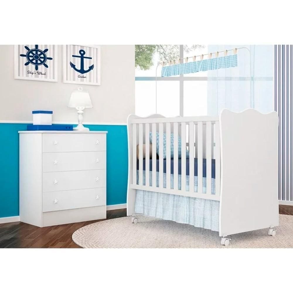 Jogo Quarto Infantil Cômoda E Berço Simples Certificado Pelo Inmetro Doce Sonho Branco - Qmovi