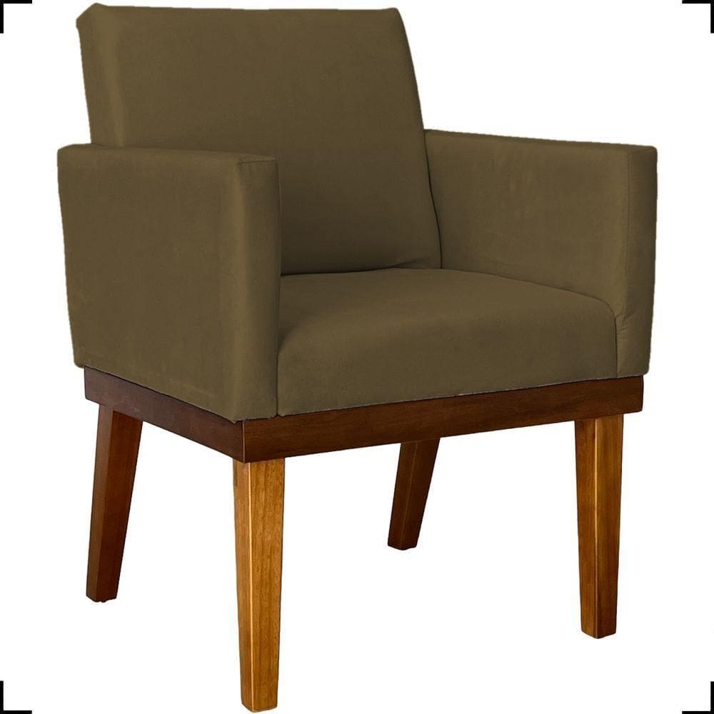 Poltrona Decorativa Para Sala Recepção Consultório Escritório Base Em Madeira Divine Suede