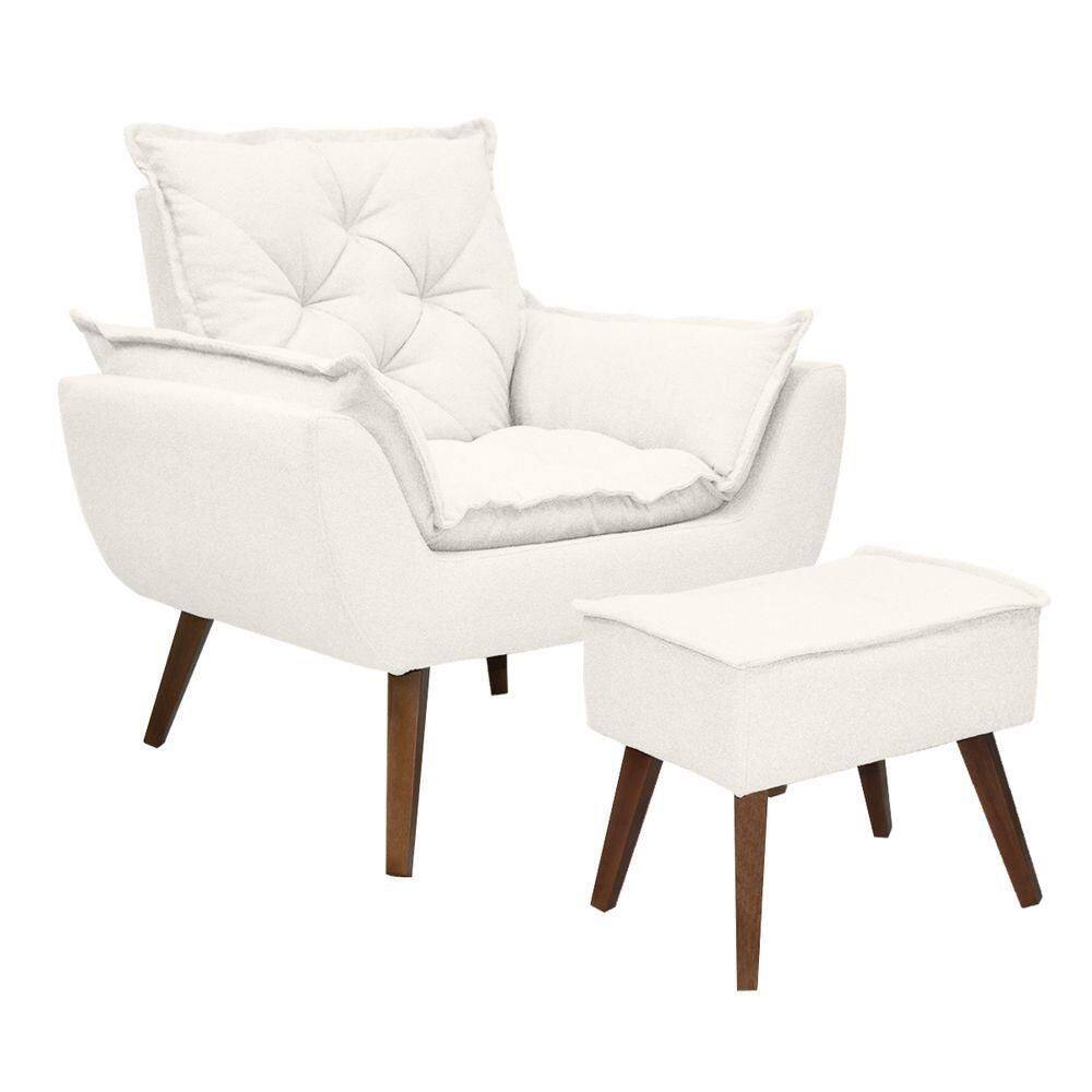 Kit Poltrona E Puff Opala Conforto Pé Trapézio Tecido Boucle Branco