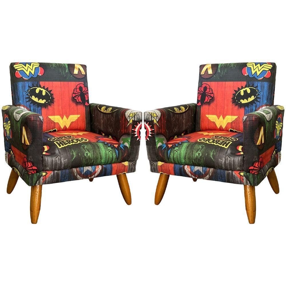 Kit 2 Poltronas Decorativa Infantil Confortável Para Quarto Suede Com Estampa Pés Castanhos