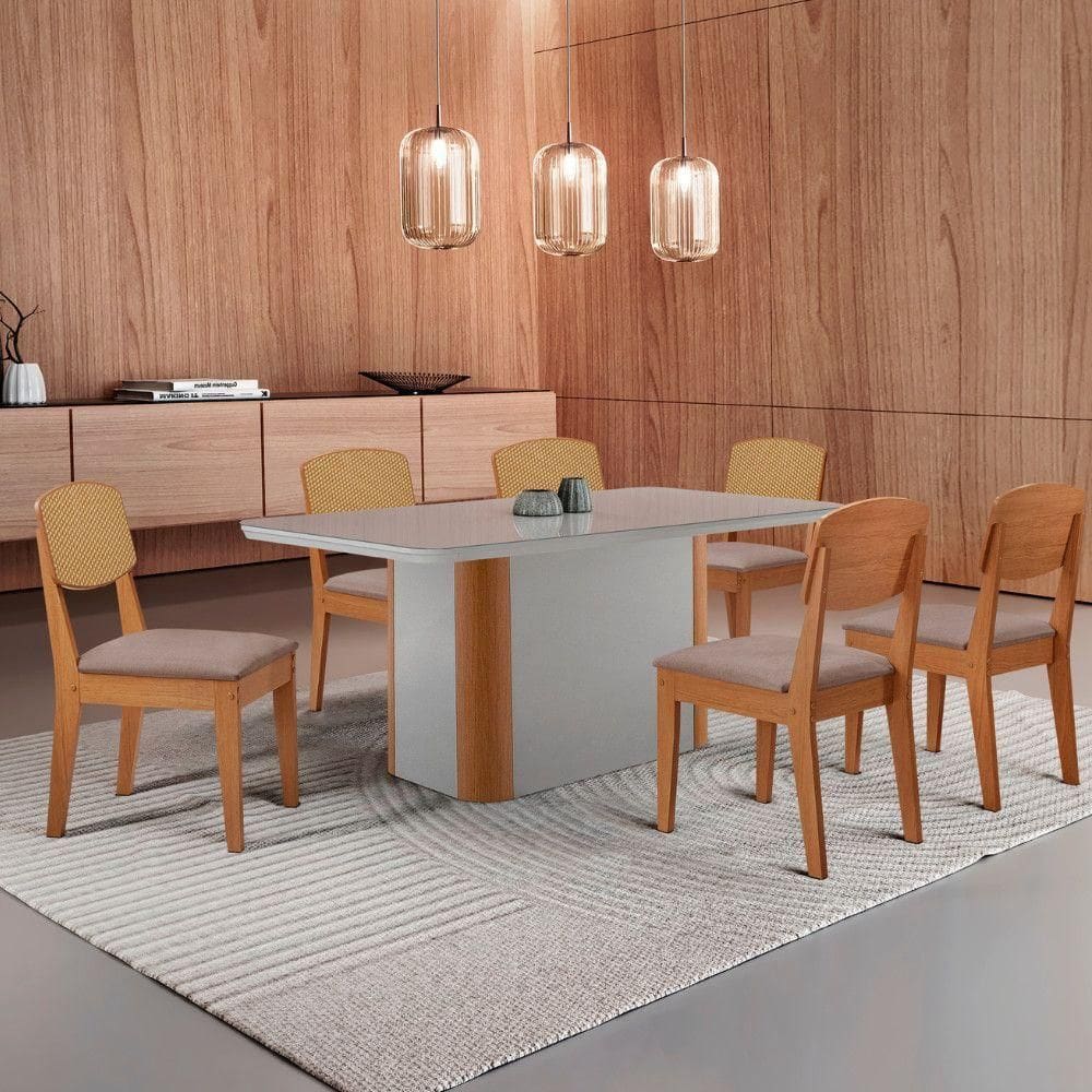 Mesa De Jantar Isadora 180cm Tampo Mdf Vidro Com 6 Cadeiras Lin Capuccino /off / /serig Off