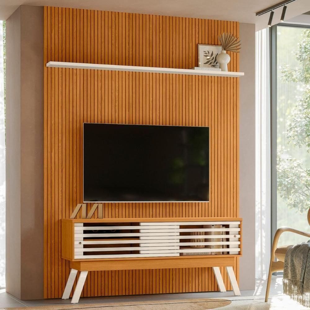 Conjunto Domo New Premium Painel C/ Rack E Rodízios Cinamomo/off-white