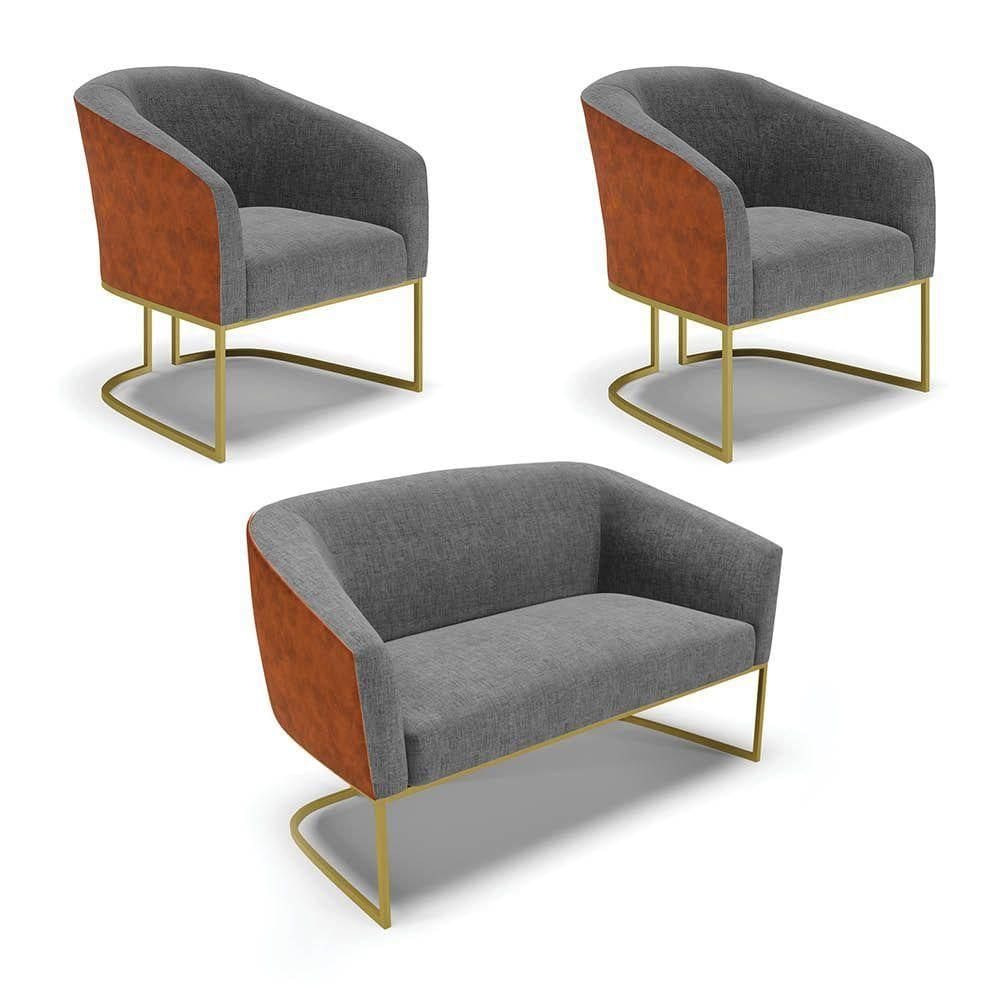 Namoradeira E 2 Poltronas Industrial Dourado Stella Noz/linho D03 - D`rossi Cor Grafite