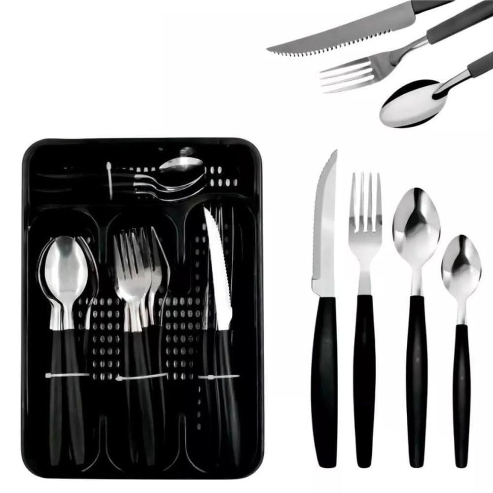 Faqueiro Aço Inox 25 Peças Preto Com Porta Talheres