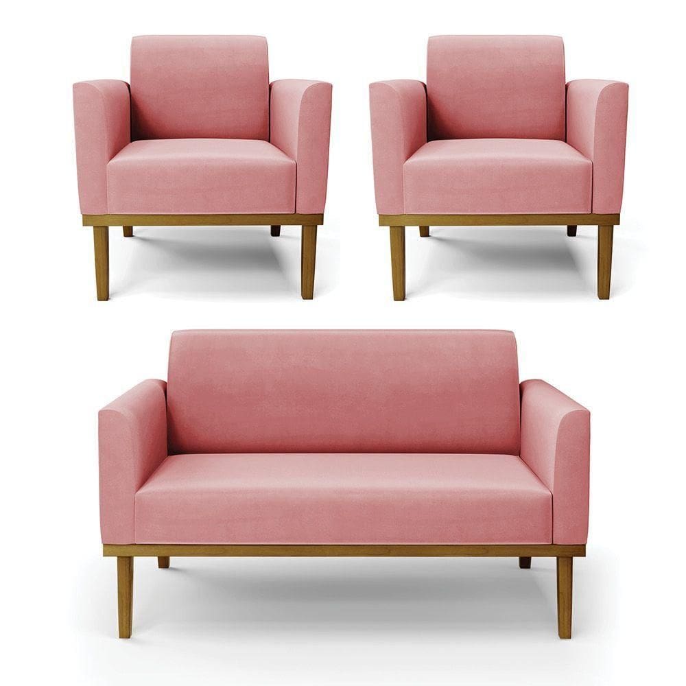Sofá Namoradeira Com 2 Poltronas Base De Madeira Fixa Castanho Marisa Suede D03 - D?rossi Cor Rose