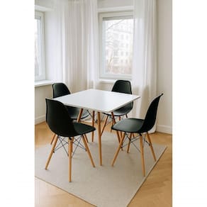 Conjunto Mesa Jantar Quadrada Eiffel Mdf Branco 80cm Com 4 Cadeiras Charles Eames Pretas