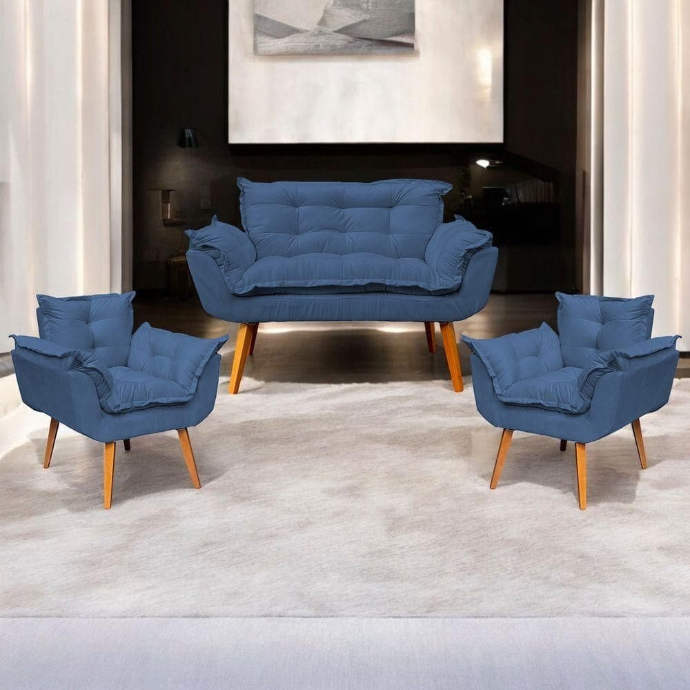 Kit Namoradeira Decorativa + 2 Poltronas Para Sala Recepção Manicure Consultório Alice Suede