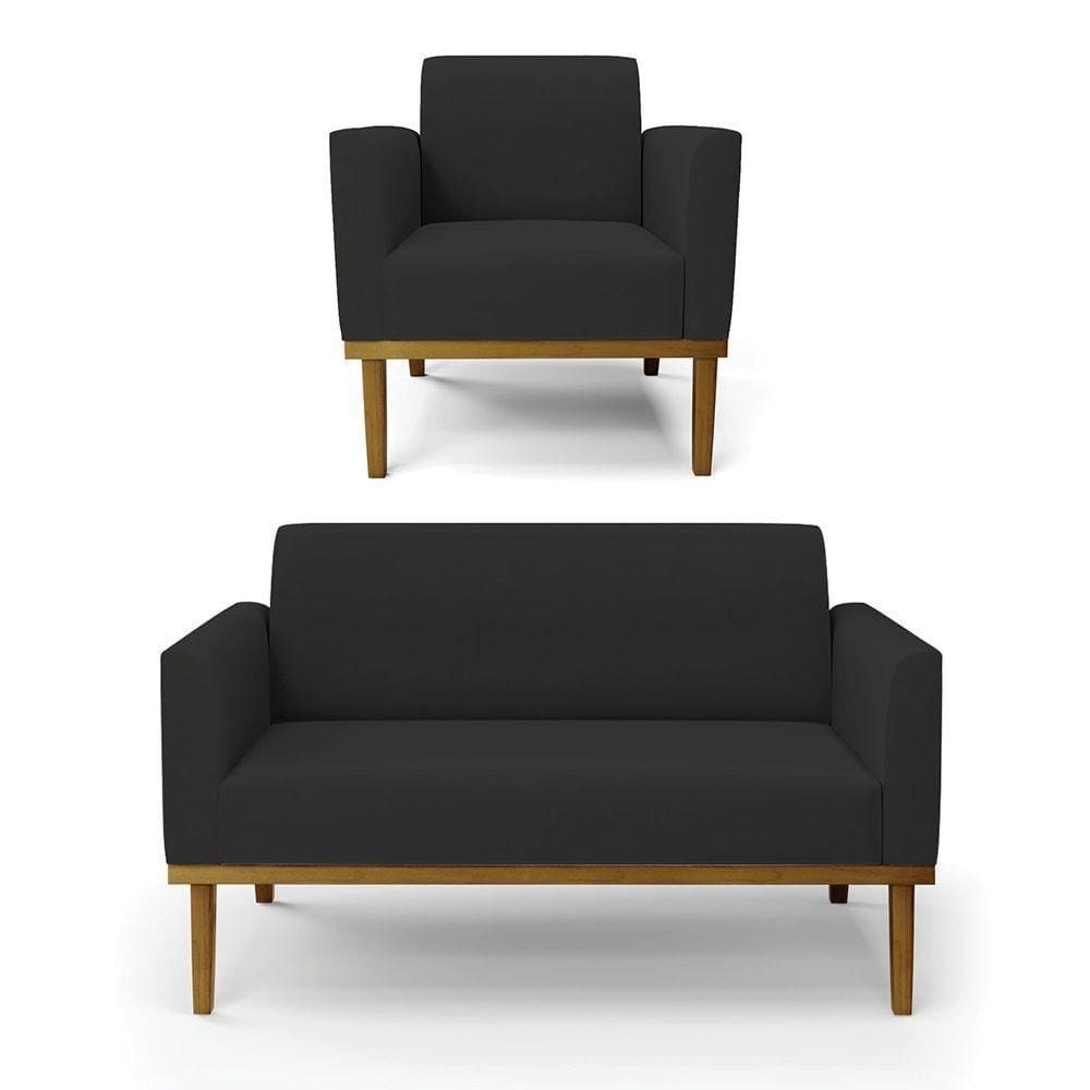 Sofá Namoradeira Com Poltrona Base De Madeira Fixa Castanho Marisa Veludo D03 - D?rossi Cor Preto