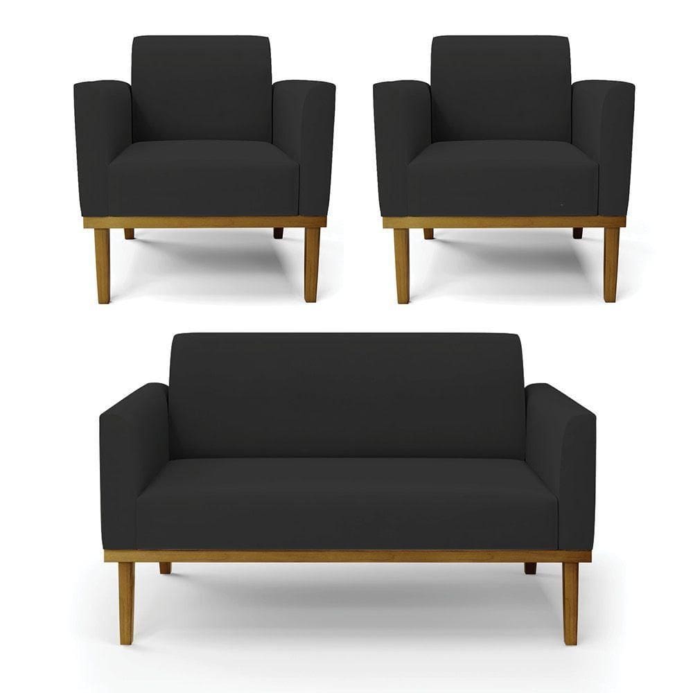 Sofá Namoradeira Com 2 Poltronas Base De Madeira Fixa Castanho Marisa Veludo D03 - D?rossi Cor Preto