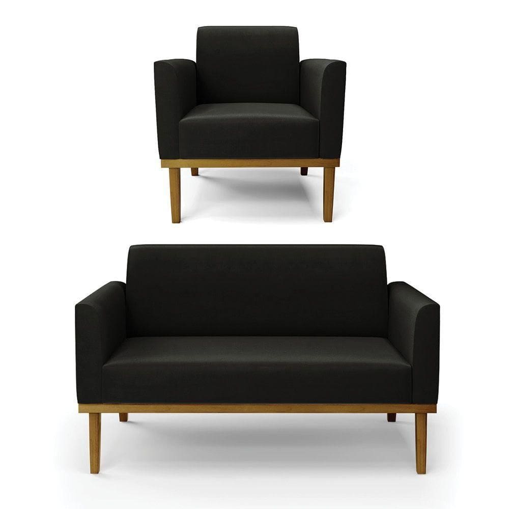 Sofá Namoradeira Com Poltrona Base De Madeira Fixa Castanho Marisa Suede D03 - D?rossi Cor Preto