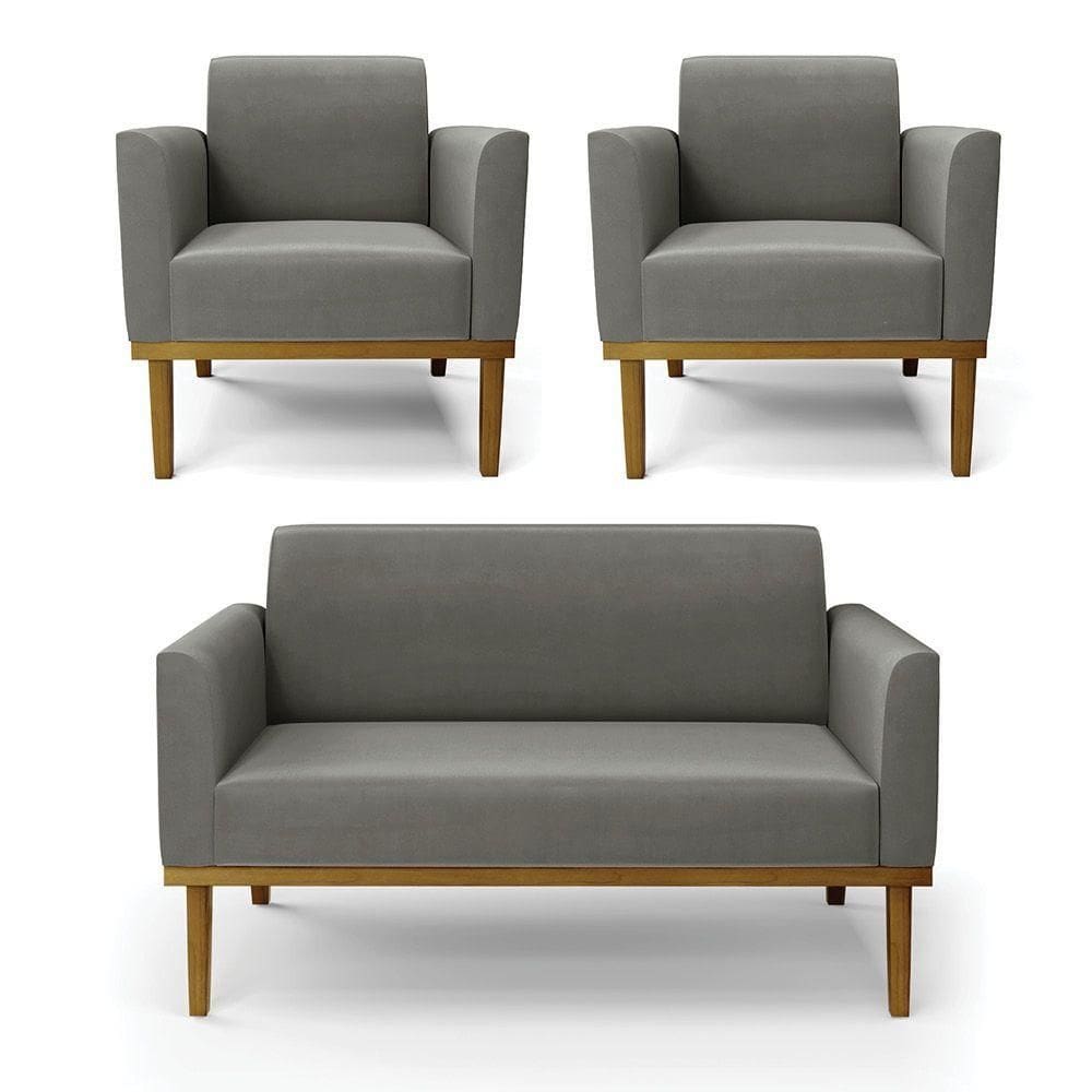Sofá Namoradeira Com 2 Poltronas Base De Madeira Fixa Castanho Marisa Suede D03 - D?rossi Cor Grafite