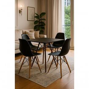 Conjunto Mesa Elegante Eiffel Preta Quadrada 80cm Com 4 Cadeiras Eiffel Eames Preto