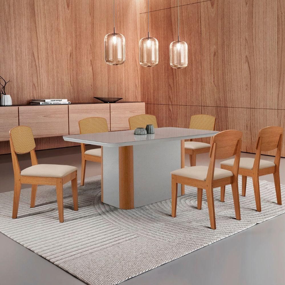Mesa De Jantar Isadora 180cm Tampo Mdf Vidro Com 6 Cadeiras Veludo Creme/off/nat/serig. Off