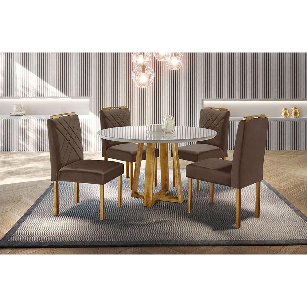 Conjunto Sala De Jantar Mesa Com 4 Cadeiras Móveis Mundial Mel/off-white/marrom Chocolate